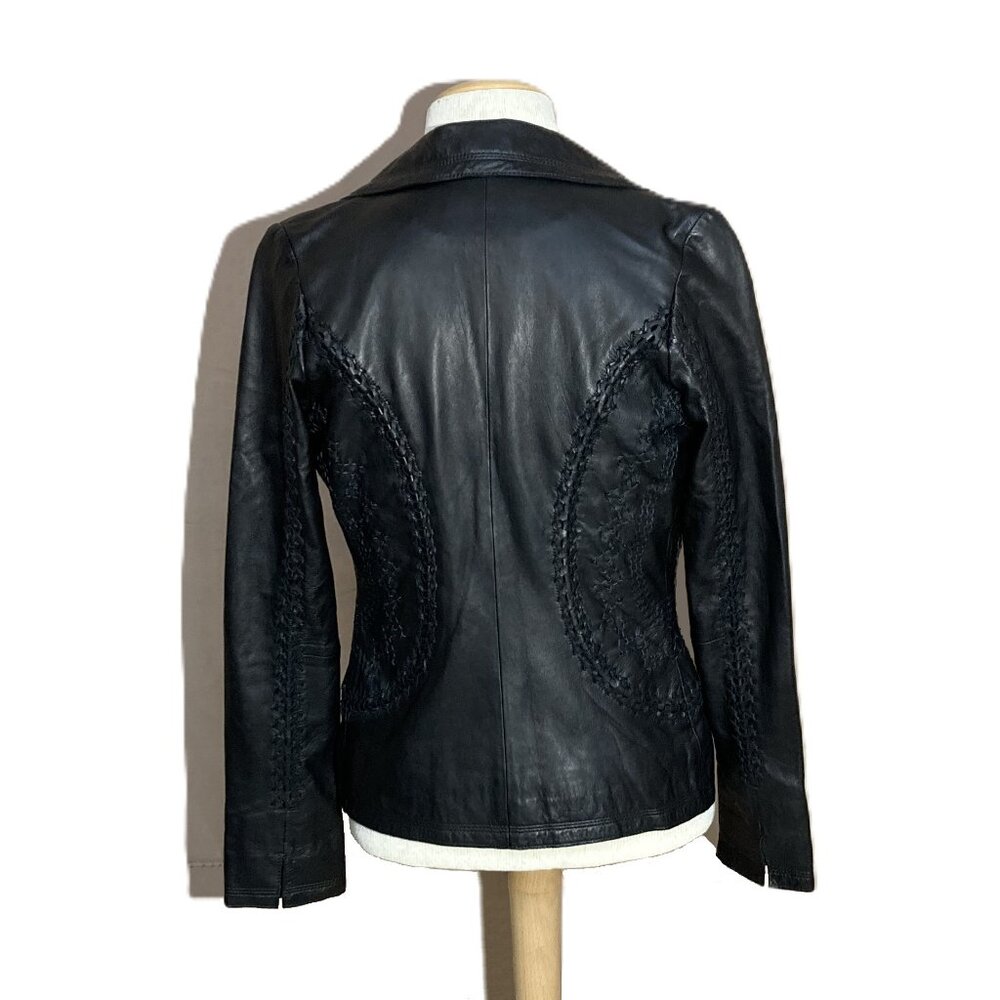 Black Leather Jacket, Blu Ice, Braided Sleeves. Size XS. Orig Price $685